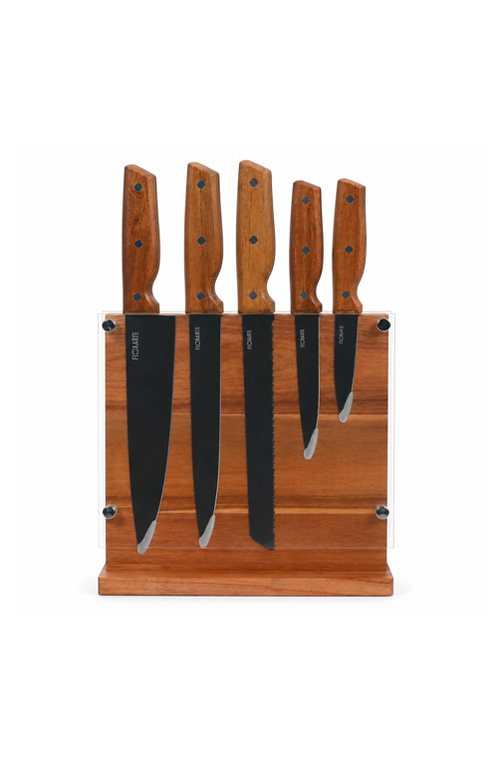 Kit de Facas Acácia em Aço Inox com Cabo de Madeira 6 Peças