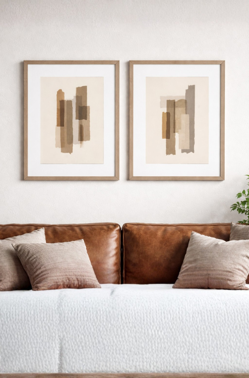 Kit 2 Quadros Abstratos em Tons Neutros com Moldura