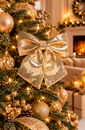 Laço Decorativo com Lantejoula Dourado 28cm