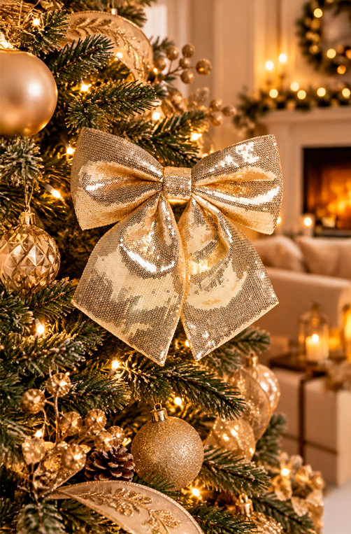 Laço Decorativo com Lantejoula Dourado 28cm