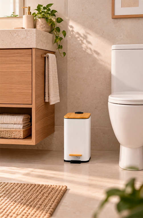 Lixeira Retangular com Pedal e Tampa em Bambu Soft Branco 5L