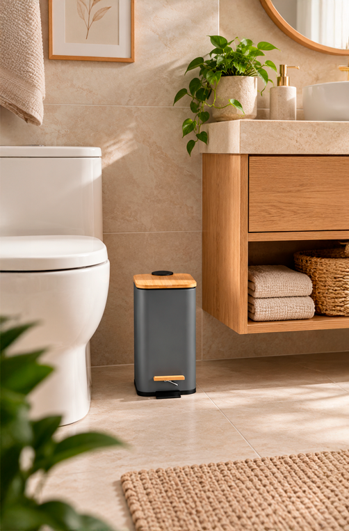 Lixeira Retangular com Pedal e Tampa em Bambu Soft Cinza 5L