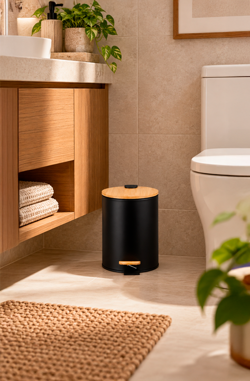 Lixeira com Pedal e Tampa em Bambu Soft Preto 5L