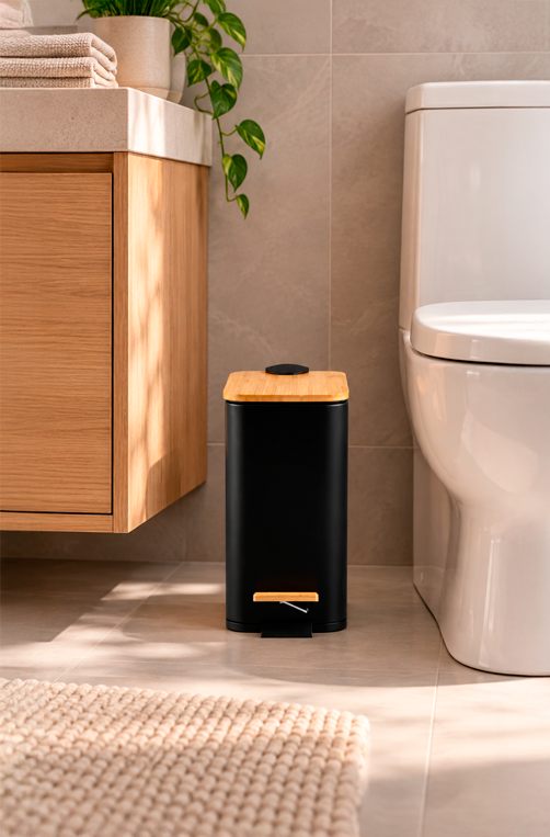 Lixeira Retangular com Pedal e Tampa em Bambu Soft Preto 5L