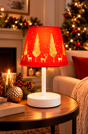 Luminária de Mesa Natalina com Led Vermelho e Base Branco em Vidro
