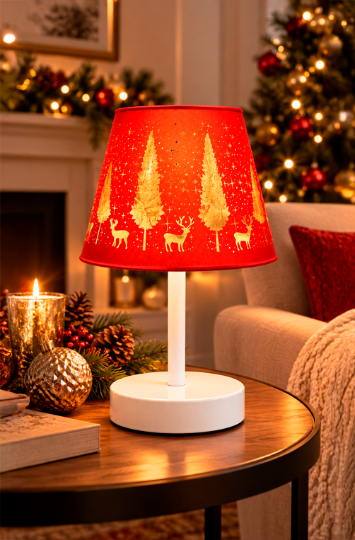 Luminária de Mesa Natalina com Led Vermelho e Base Branco em Vidro