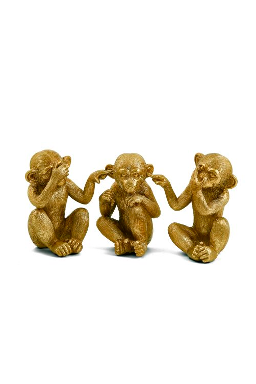 Conjunto 3 Esculturas de Macacos Dourados em Poliresina