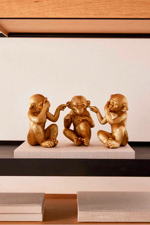 Conjunto 3 Esculturas de Macacos Dourados em Poliresina