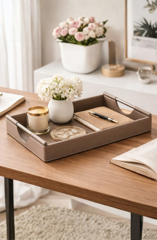 Kit 2 Bandejas Modernas Nude de MDF e Revestimento em PU