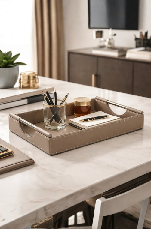 Bandeja Pequena Moderna Nude de MDF e Revestimento em PU