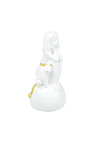 Escultura Menina Sentada com Gato em Resina Branco