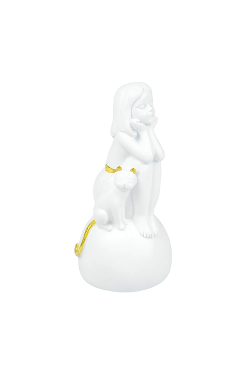 Escultura Menina Sentada com Gato em Resina Branco