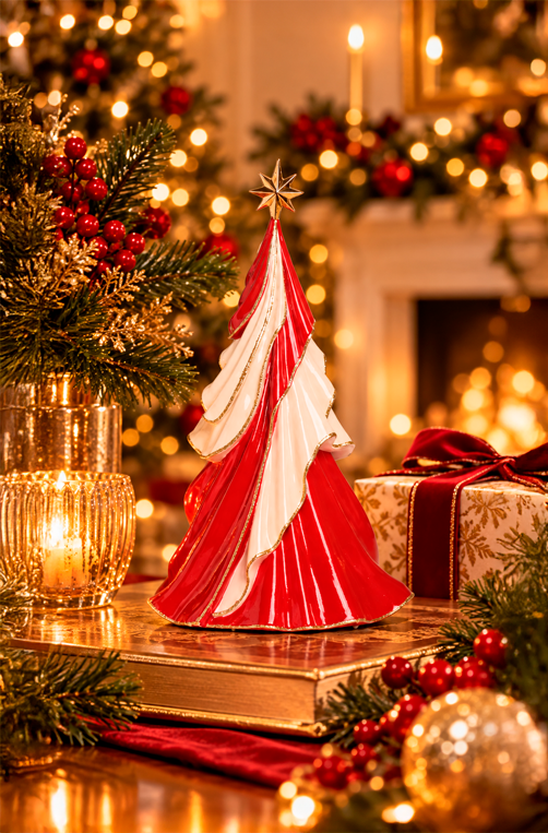Mini Árvore de Natal Vermelho e Branco em Resina 36cm