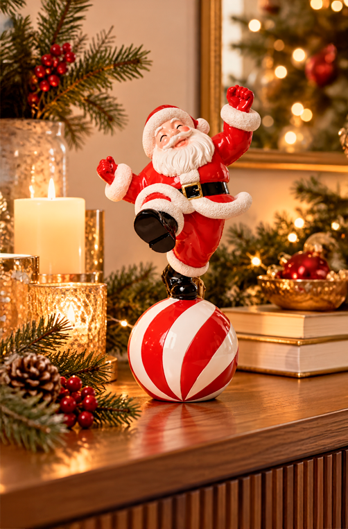 Papai Noel Decorativo com Bola Listrada em Resina 27cm