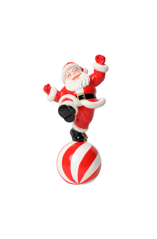 Papai Noel Decorativo com Bola Listrada em Resina 27cm