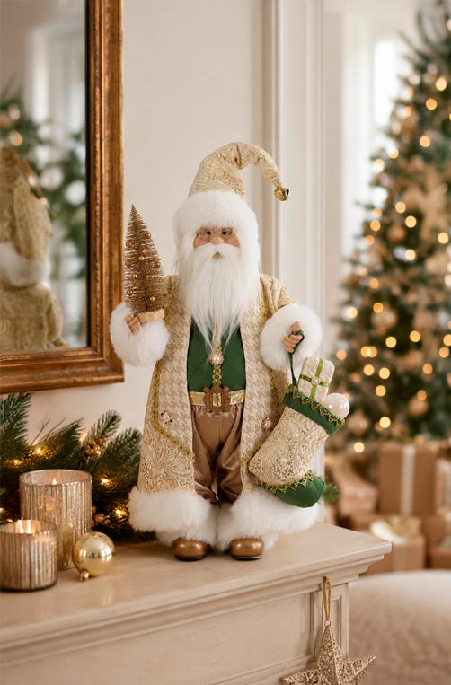 Papai Noel em Pé Dourado e Verde em Resina 60cm