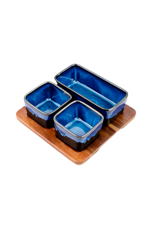 Conjunto de Petisqueira Quadrada em Cerâmica com Base de Madeira Verde 4 Peças