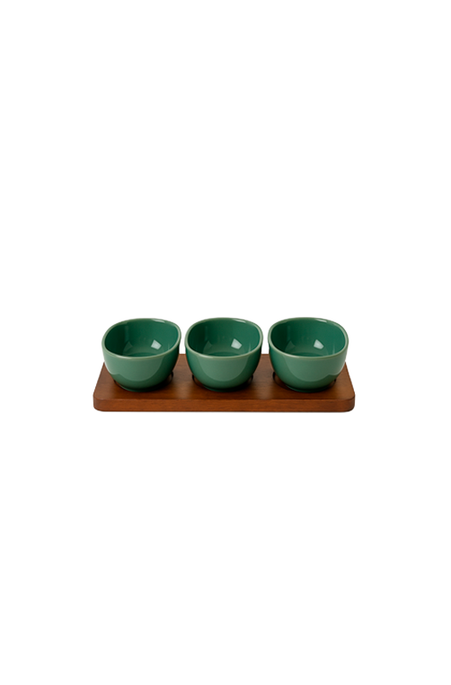 Petisqueira Oval de Madeira e Ceramica 4 Peças