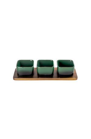Conjunto de Petisqueira Quadrada de Madeira e Cerâmica Verde 4 Peças