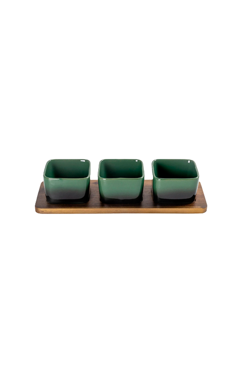 Conjunto de Petisqueira Quadrada de Madeira e Cerâmica Verde 4 Peças