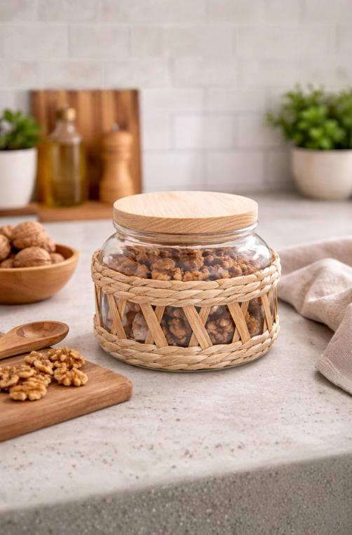 Porta Mantimentos de Vidro com Sisal e Tampa de Madeira 350ml