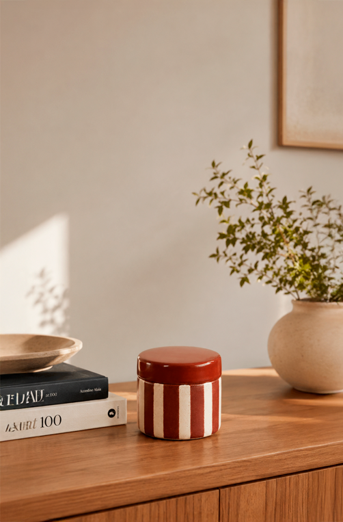Pote Decorativo Listrado Vermelho e Bege em Cerâmica 10cm