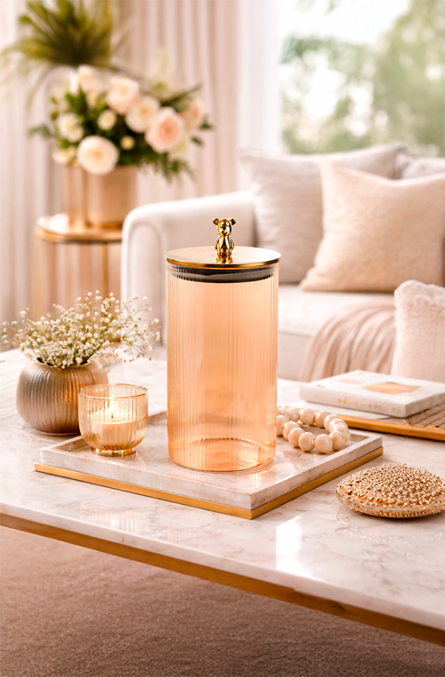 Pote de Vidro Canelado com Urso Dourado Médio