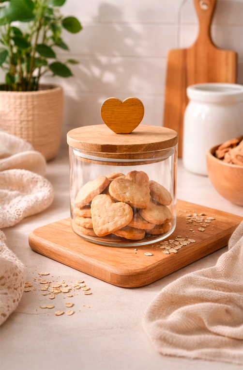 Pote de Vidro Borossilicato com Tampa de Coração em Bambu 450ml