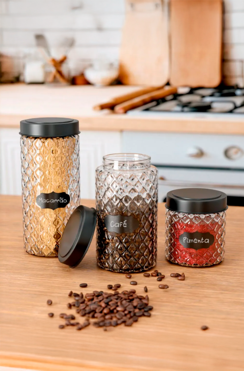 Pote de Vidro com Tampa Preta Label 2,1 Litros