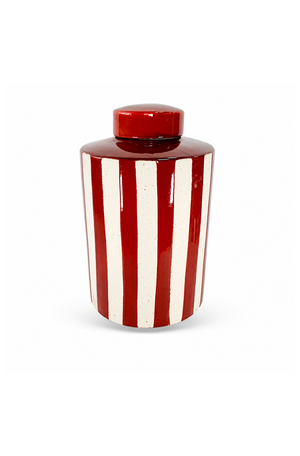 Pote Decorativo Listrado Vermelho e Bege em Cerâmica 34cm