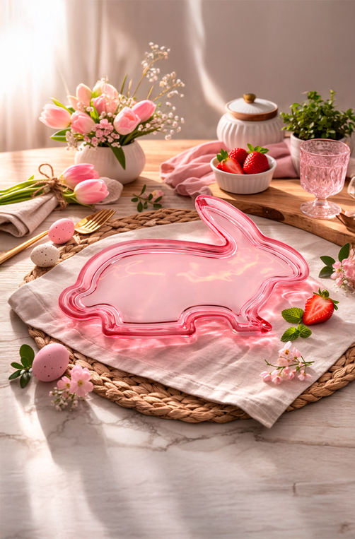 Prato em Formato de Coelho Rosa em Vidro