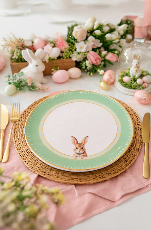 Prato Raso com Coelho Branco e Verde em Melamina