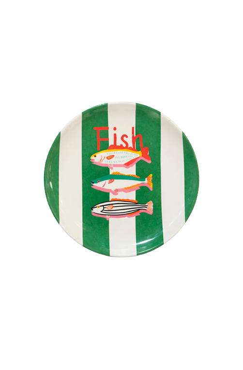Prato Raso em Melamina com Peixes Fish Verde e Branco
