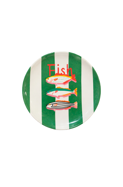 Prato Raso em Melamina com Peixes Fish Verde e Branco