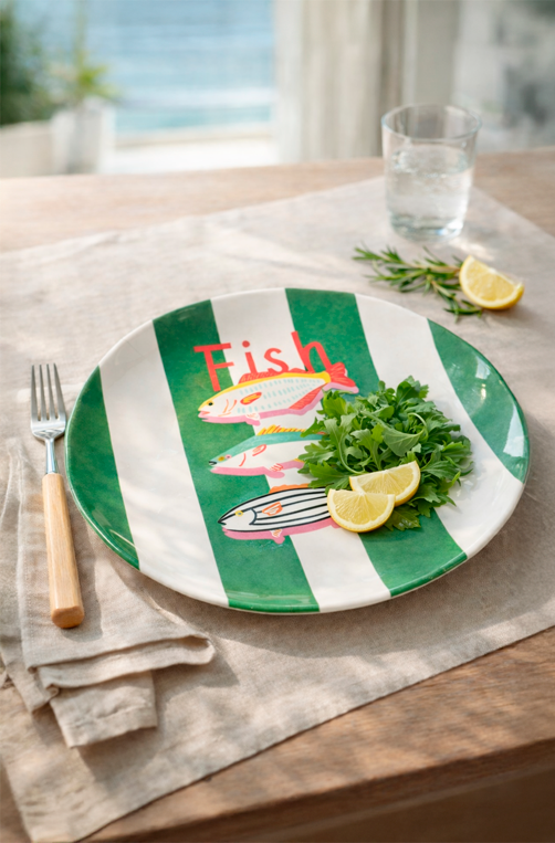 Prato Raso em Melamina com Peixes Fish Verde e Branco