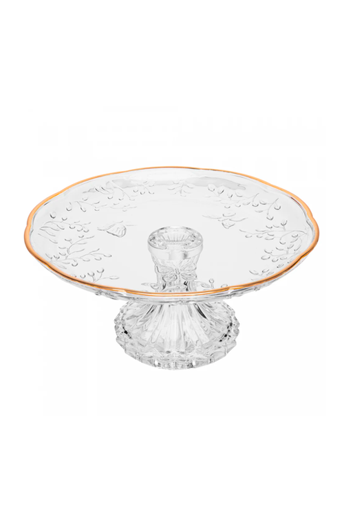 Prato para Bolo com Pé New Butterfly com Fio de Ouro em Cristal Ecológico 27cm
