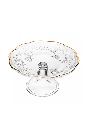 Prato para Bolo com Pé New Butterfly com Fio de Ouro em Cristal Ecológico 20cm