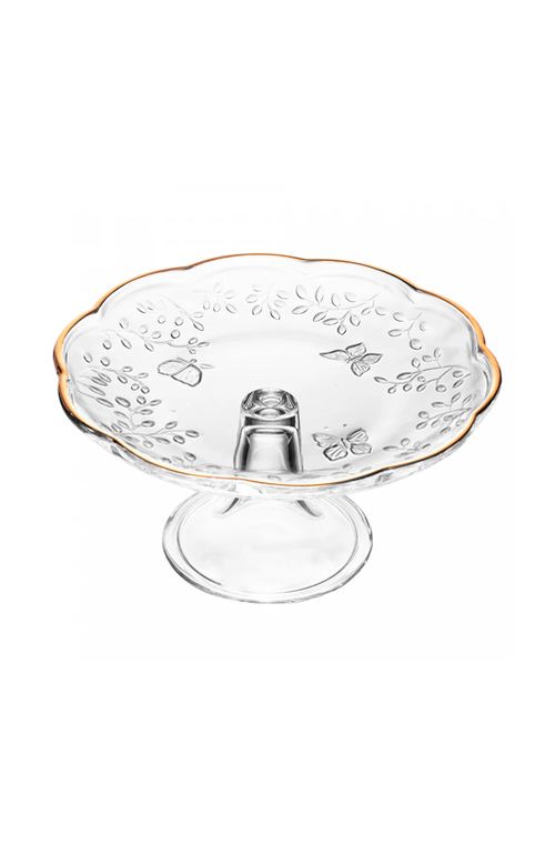 Prato para Bolo com Pé New Butterfly com Fio de Ouro em Cristal Ecológico 20cm