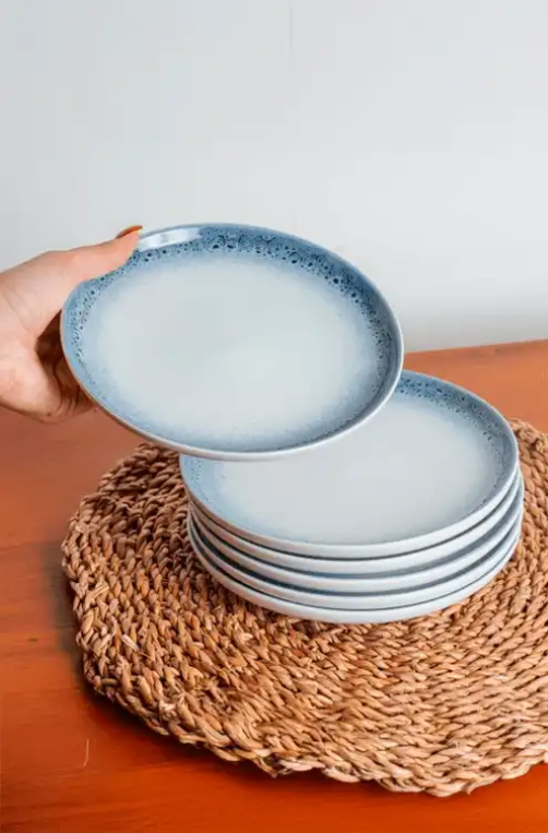 Prato Sobremesa em Porcelana Branco com detalhe Azul