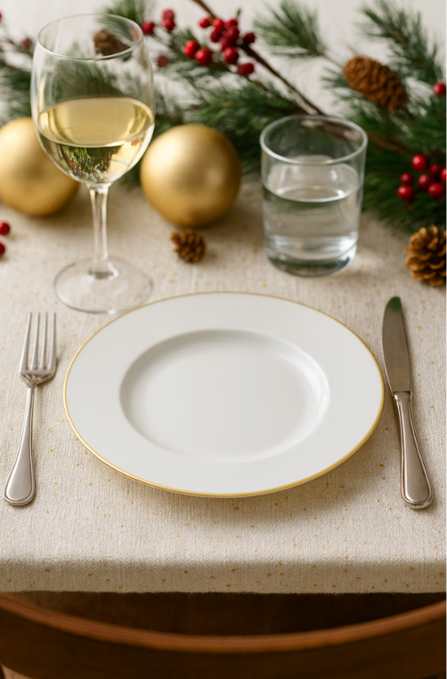 Prato de Sobremesa Elisa em Porcelana com Borda Dourada