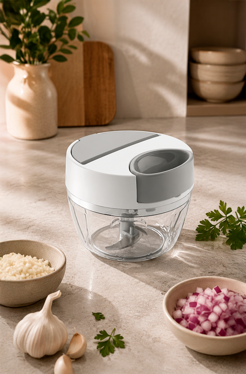 Mini Triturador Manual com 3 Laminas Branco e Cinza 400ml