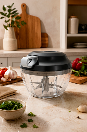 Mini Processador de Alimentos Manual de Plástico 3 Lâminas Premium Preto e Cinza