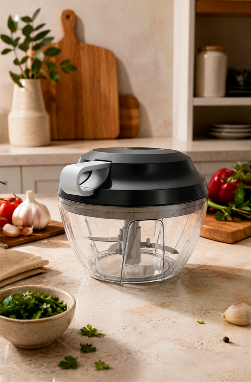 Mini Processador de Alimentos Manual de Plástico 3 Lâminas Premium Preto e Cinza