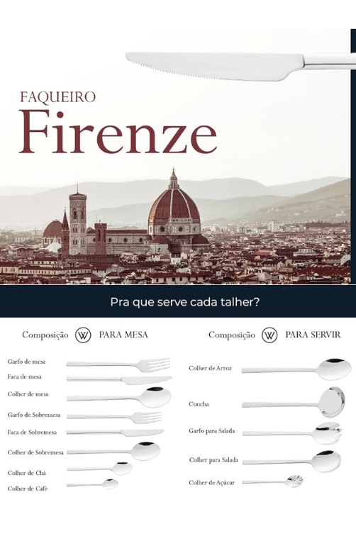 Faqueiro 54 Peças de Aço Inox Firenze Prata