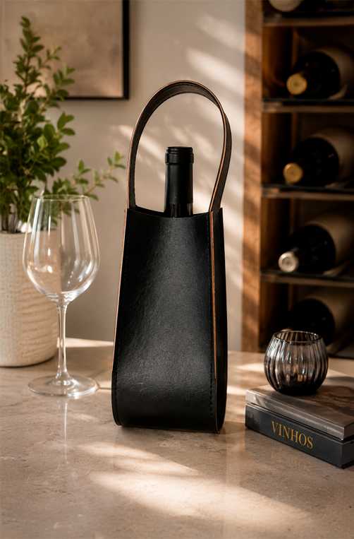 Porta Vinho em Couro Sintetico Preto para Garrafa