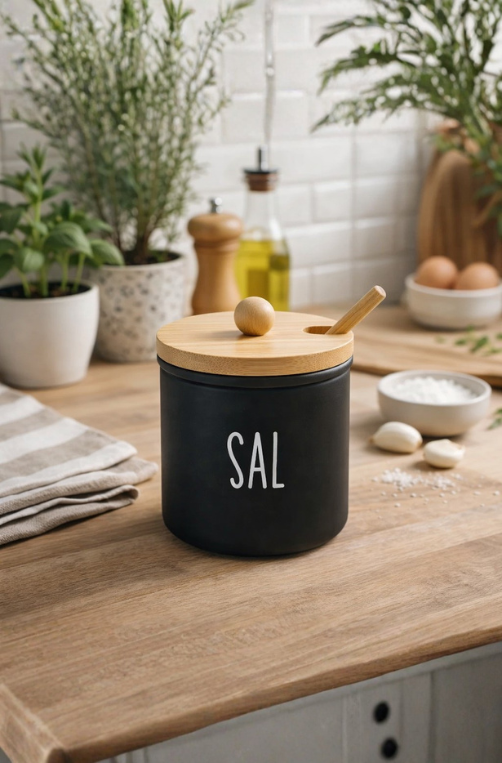 Saleiro Doha com Tampa e Colher de Bambu em Vidro 300ml