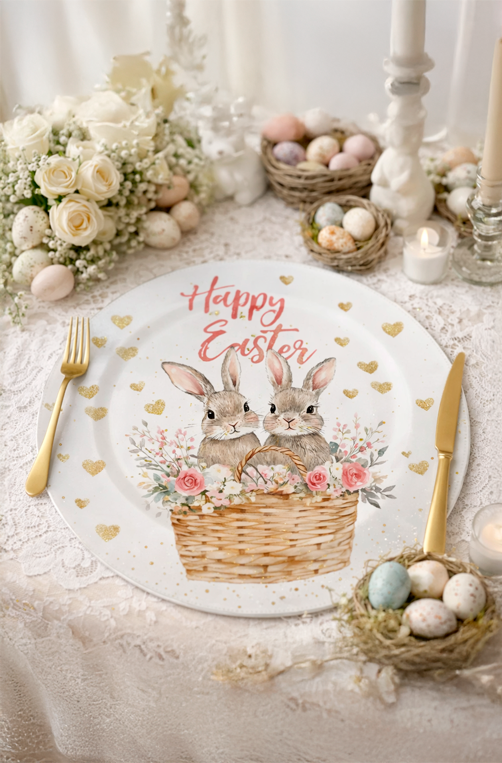 Sousplat Redondo Estampado de Coelho Branco e Bege