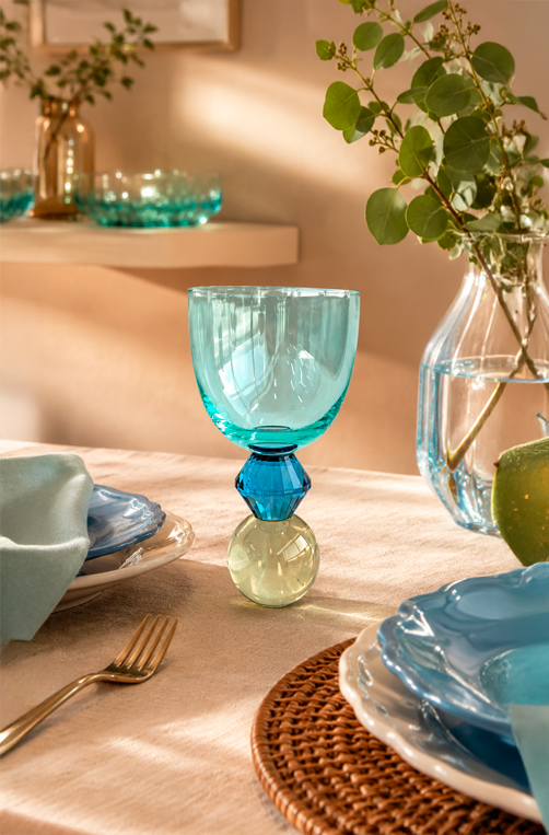 Conjunto de Taças Órbita Verde com Base Azul e Amarelo em Cristal 360ml 6 Peças