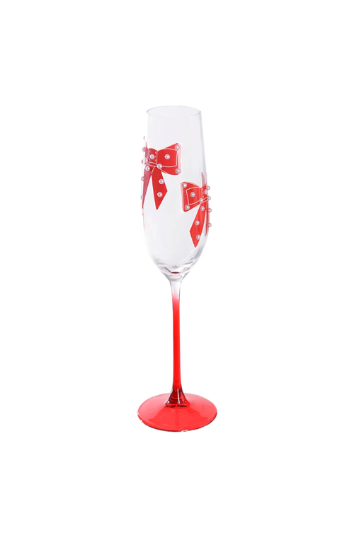 Taça de Champanhe Natalino com Laço Vermelho em Vidro 200ml
