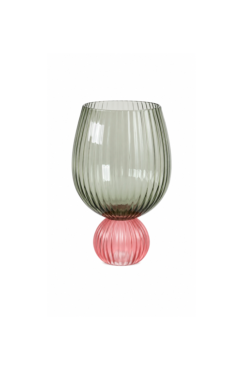 Taça de Água Canelada Verde com Base Rosa em Vidro 460ml